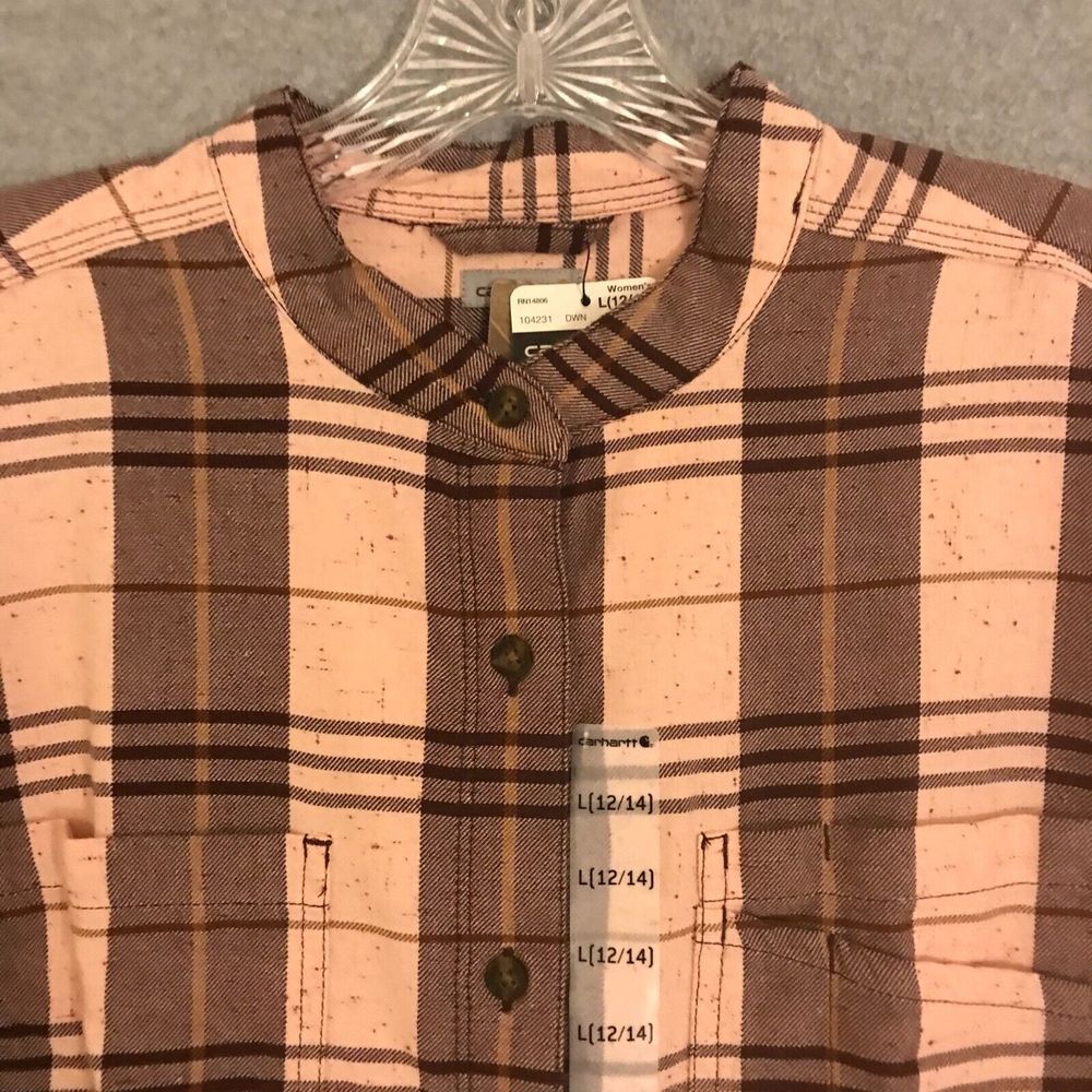 NWT Carhartt Womens Plaid Banded‎ Collar 3/4 Sleeve Shirt Large 12/14 Brown NEW!